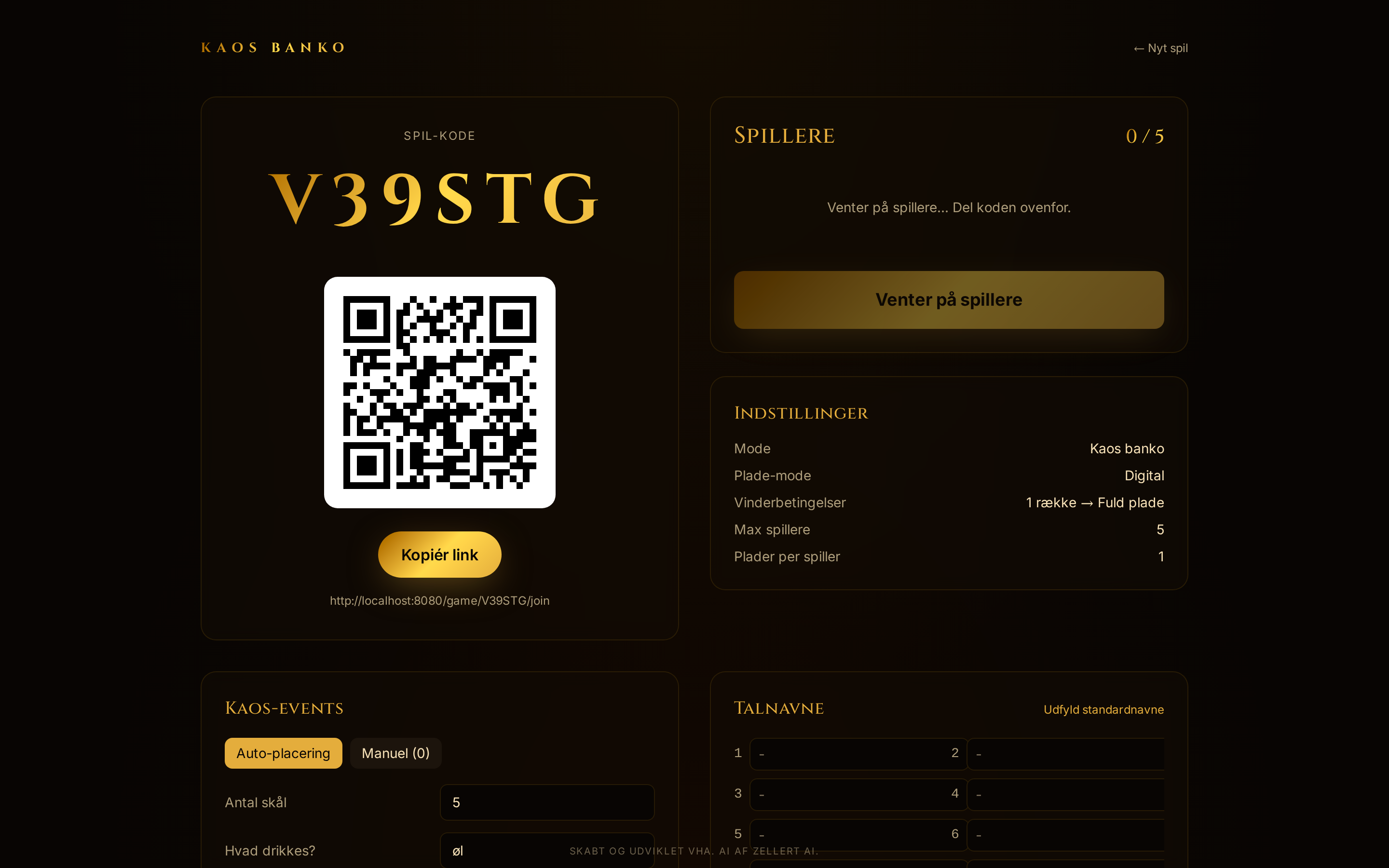 Admin-lobby i Kaosbanko med stor spilkode, QR-kode og live liste over tilmeldte spillere